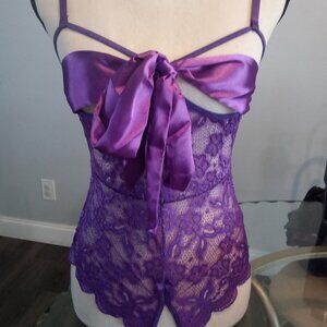 Sexy Purple Lace Crotchless Thong Bodysuit with Bow Accent